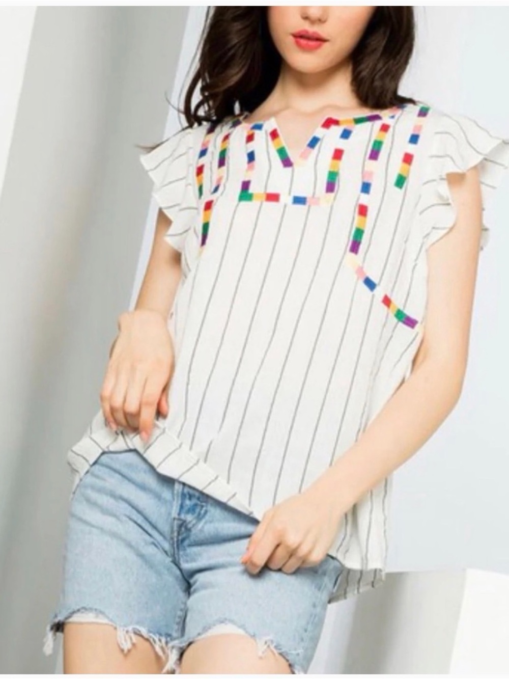THML White Striped Ruffle Sleeve Top with Color-Block Trim